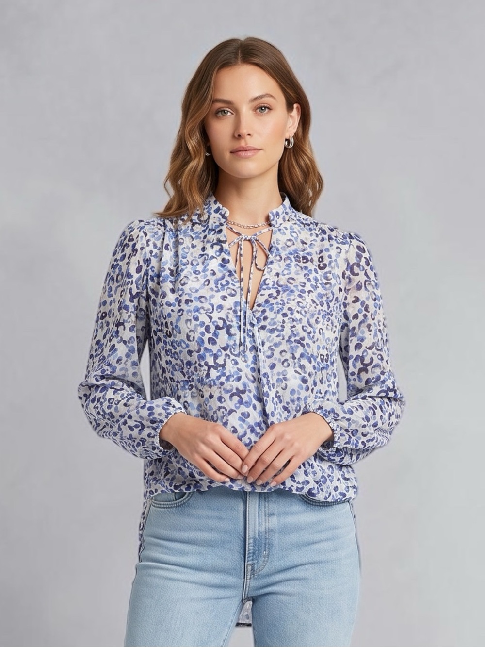 Veronica M Blue White Leopard Cheetah Print Blouse Flowy Boho Tie Neck Top S